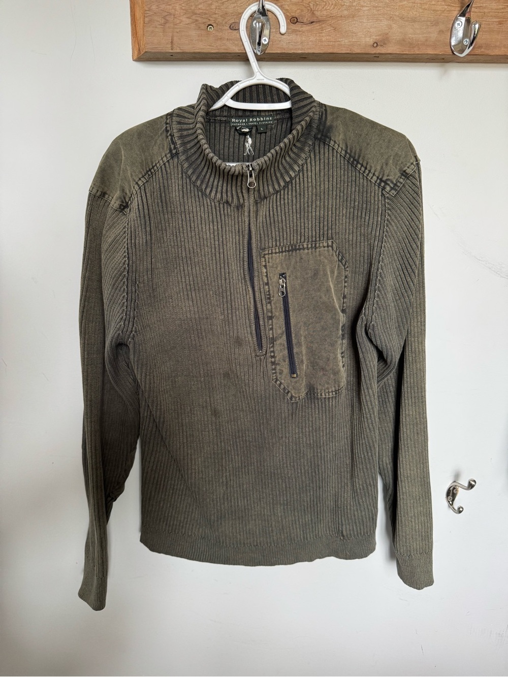 Royal Robbins Olive Ribbed Half-Zip Sweater with Chest Zip Pocket